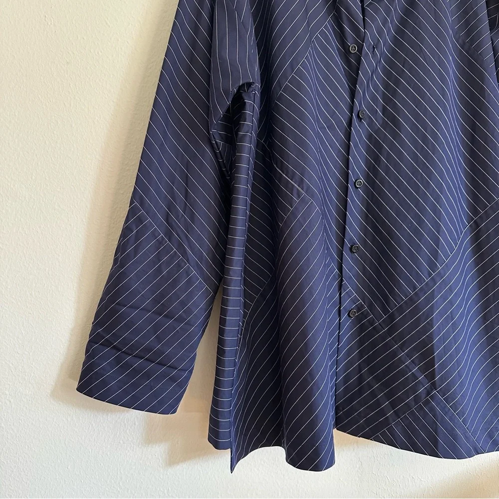 Eskandar Double Stand Collar Botton Shirt Navy Stripe Patchwork Cotton Luxury - Picture 3 of 13